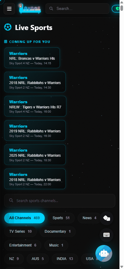 Browsing Live Sports channels and tapping the star icon to favourite a channel