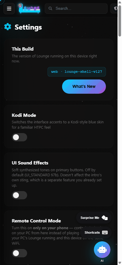 The Settings page and the API Keys section where you paste in your TMDB/Real-Debrid keys